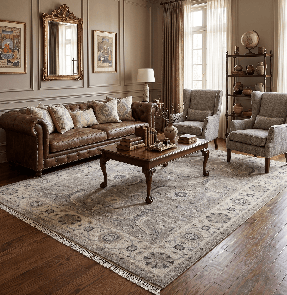 Custom Made Traditional Antique Distressed Gray and Beige Hand Knotted Wool Area Rug
