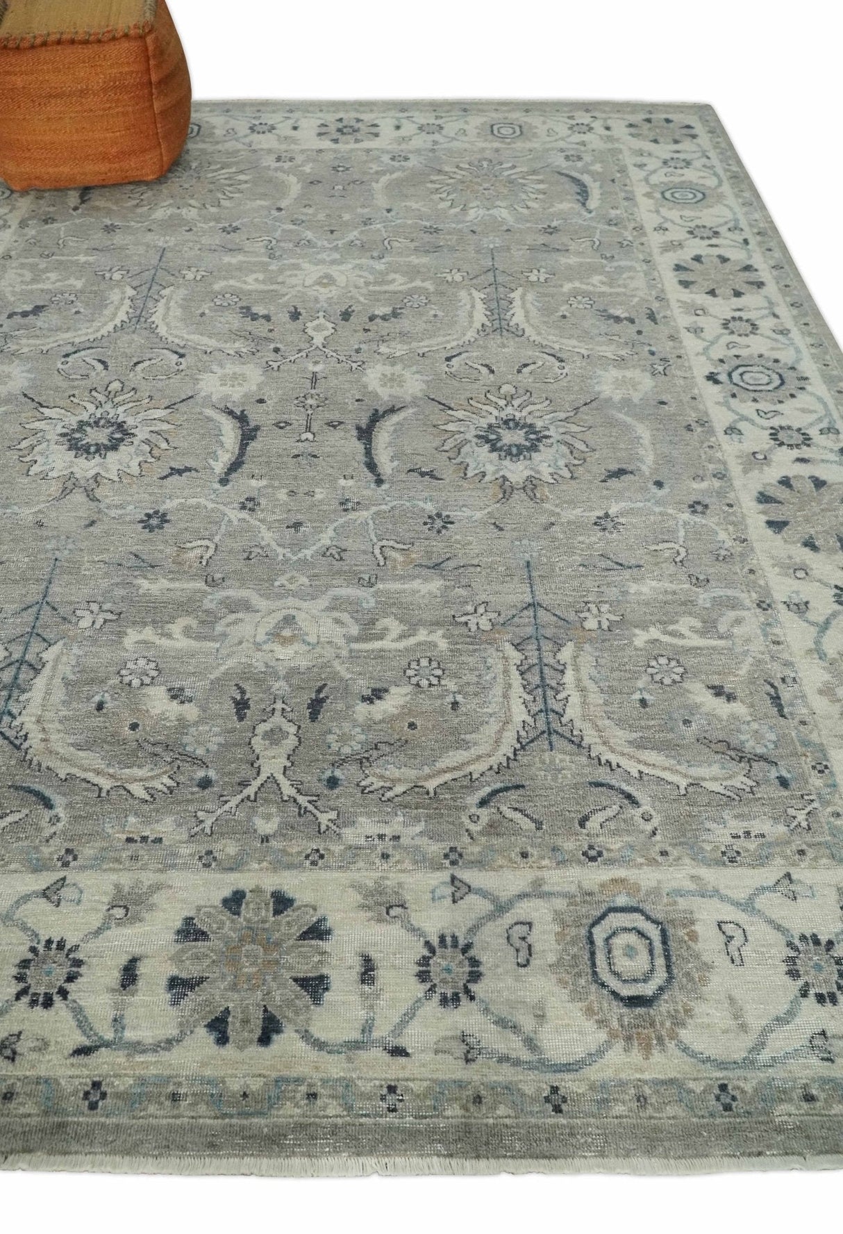 Custom Made Traditional Antique Distressed Gray and Beige Hand Knotted Wool Area Rug