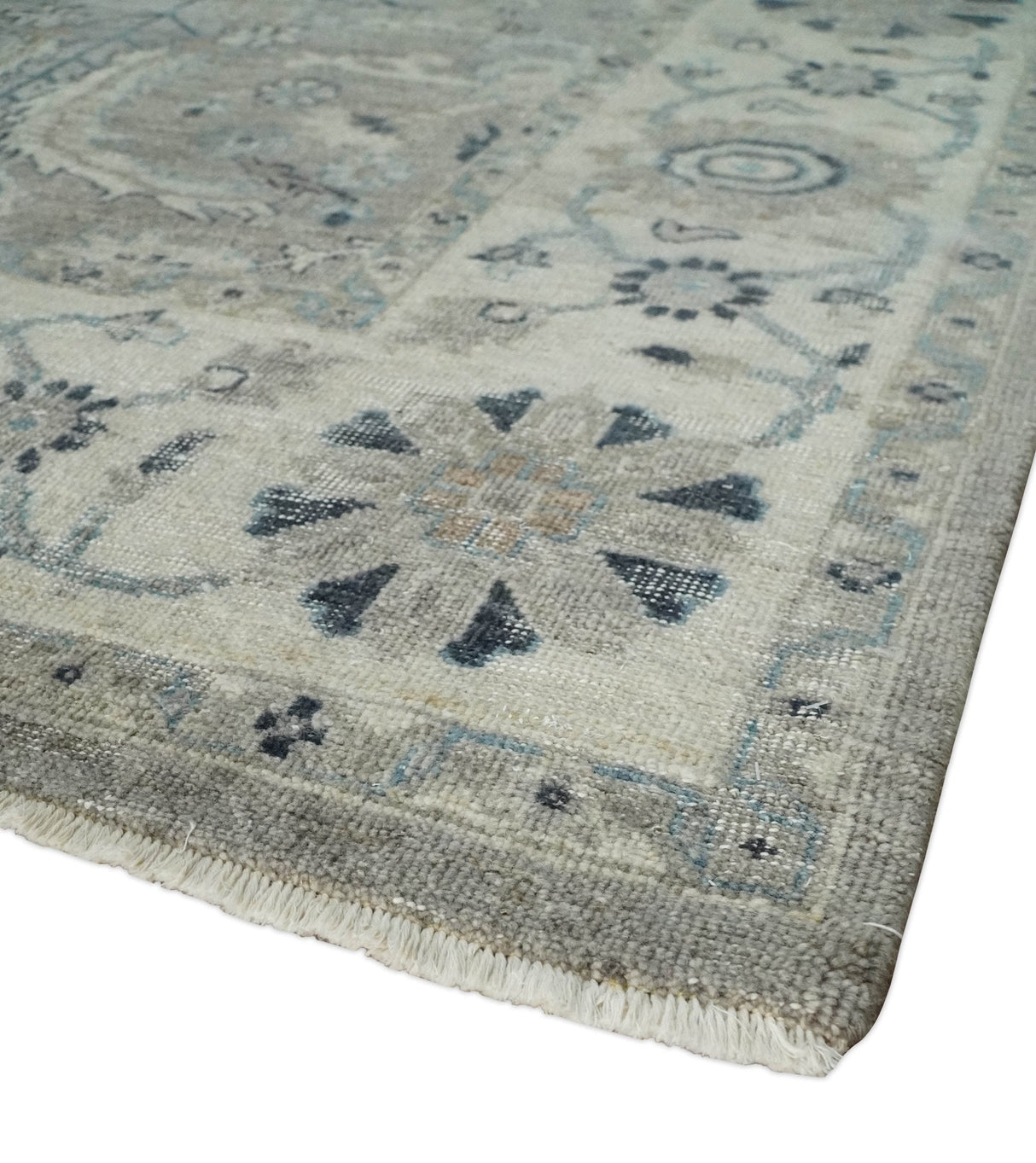 Custom Made Traditional Antique Distressed Gray and Beige Hand Knotted Wool Area Rug
