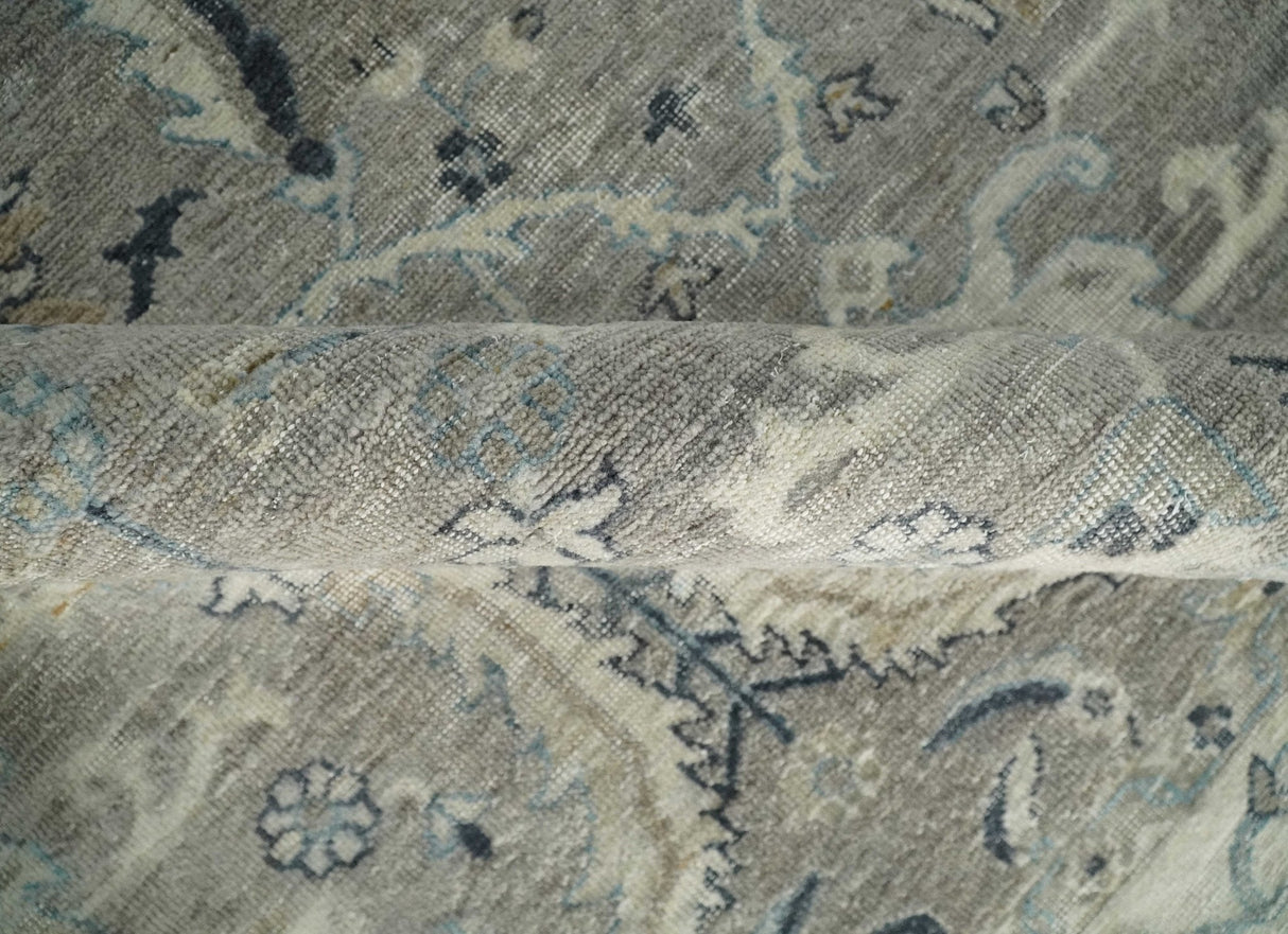 Custom Made Traditional Antique Distressed Gray and Beige Hand Knotted Wool Area Rug