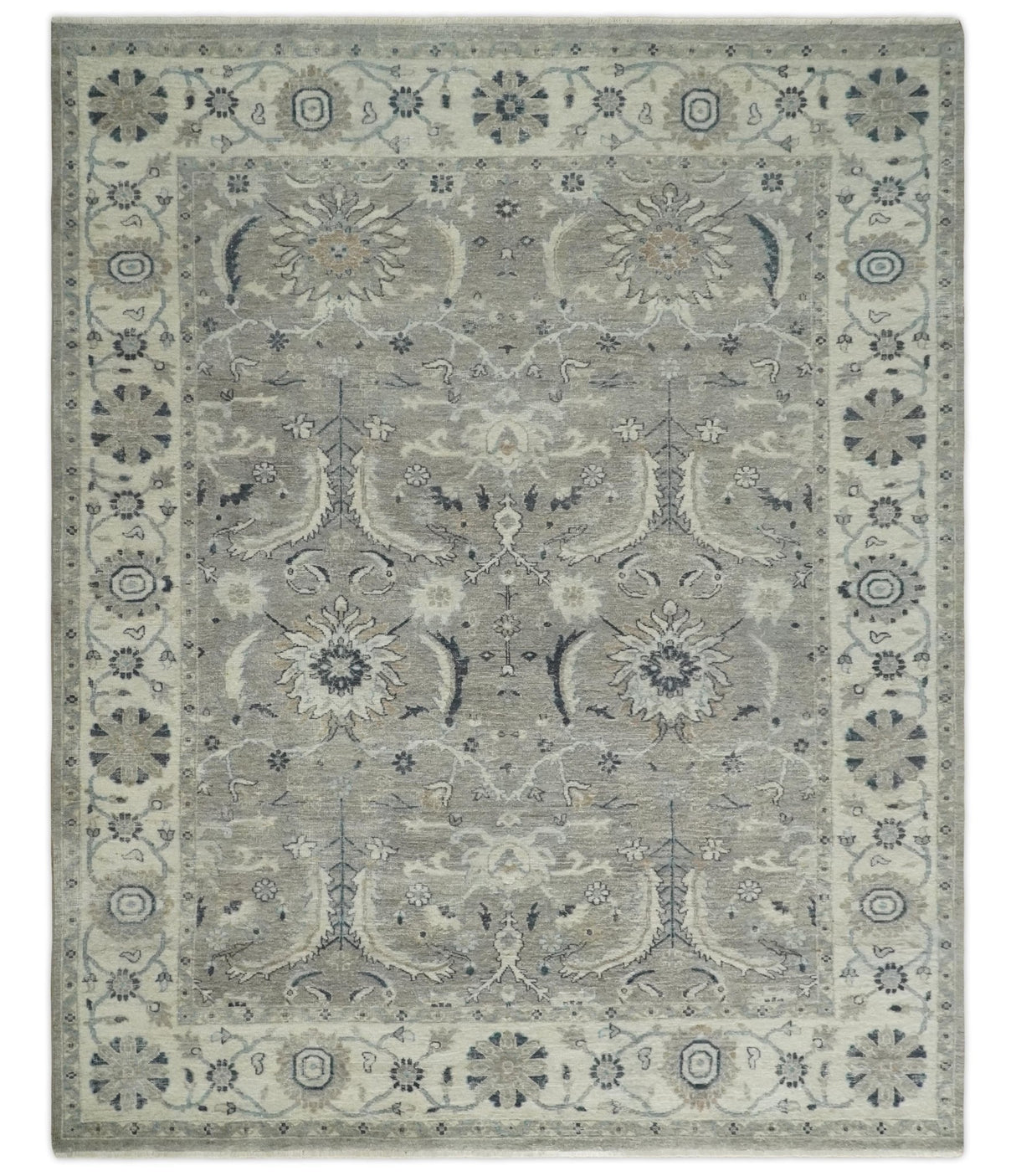 Custom Made Traditional Antique Distressed Gray and Beige Hand Knotted Wool Area Rug
