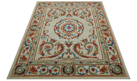Custom Made Traditional Aubusson Design Beige And Brown Hand Tufted Wool Area Rug