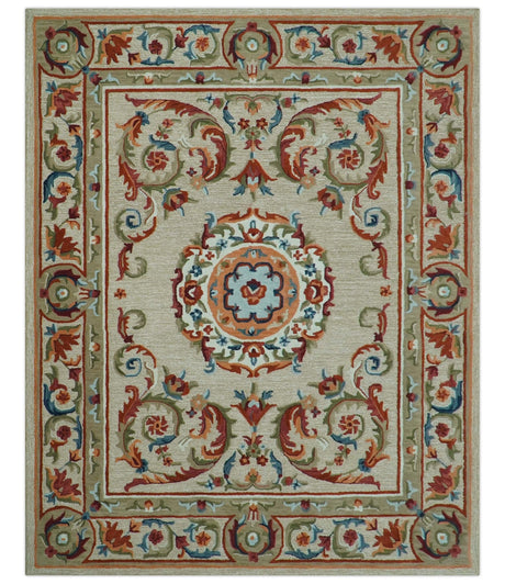 Custom Made Traditional Aubusson Design Beige And Brown Hand Tufted Wool Area Rug