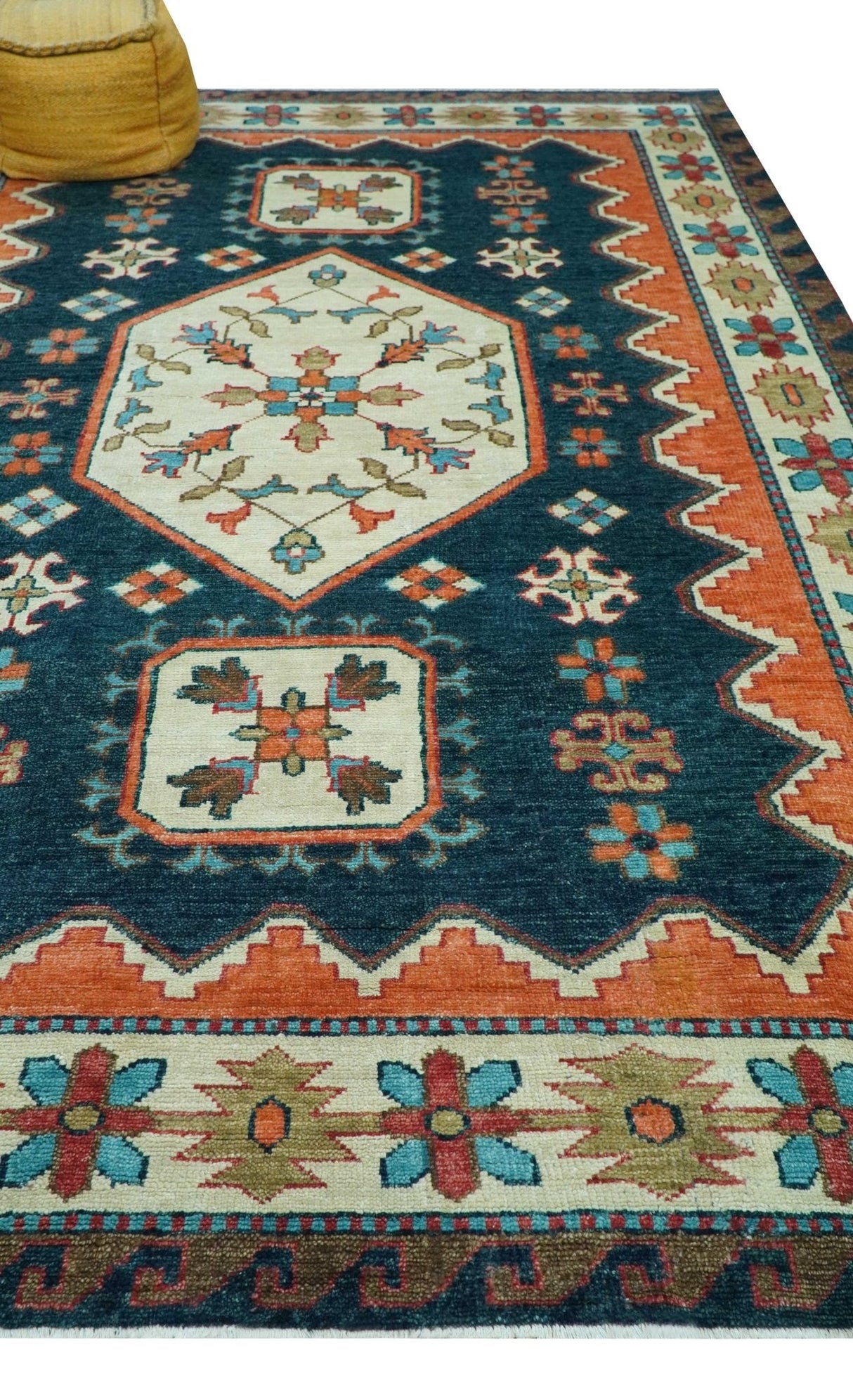 Custom Made Traditional Blue And Ivory Hand Knotted Wool Rug