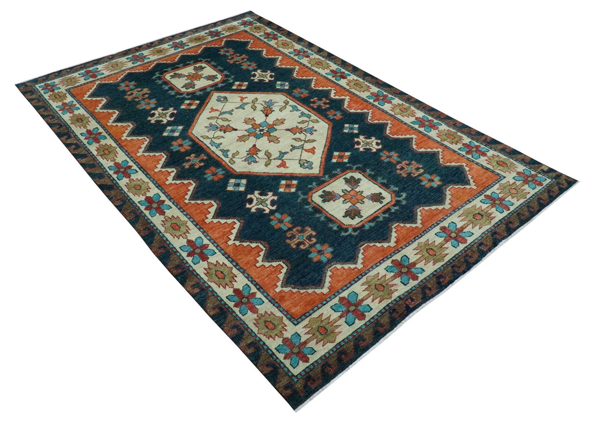 Custom Made Traditional Blue And Ivory Hand Knotted Wool Rug