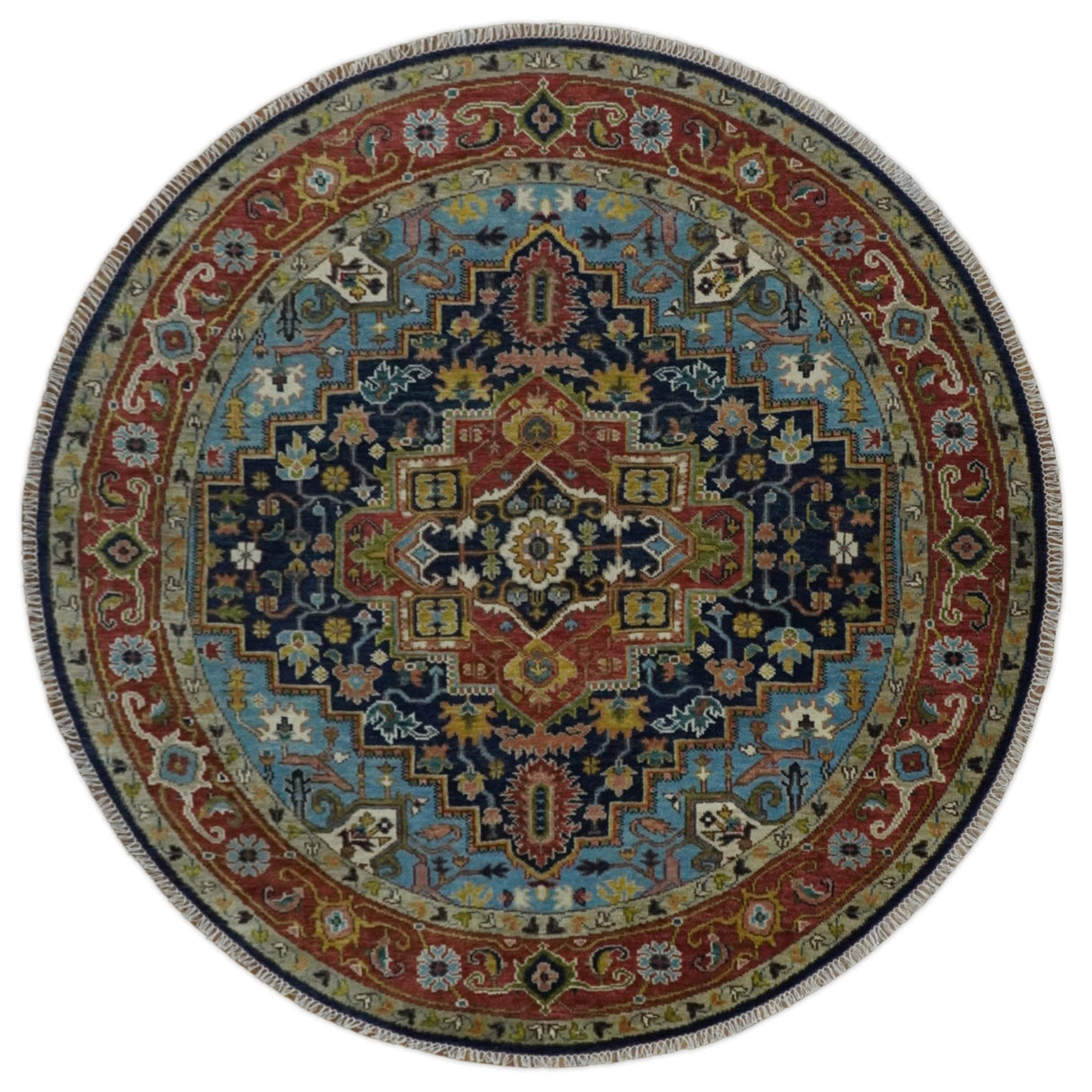 Custom Made Traditional Blue and Rust Hand Knotted Wool Area Rug