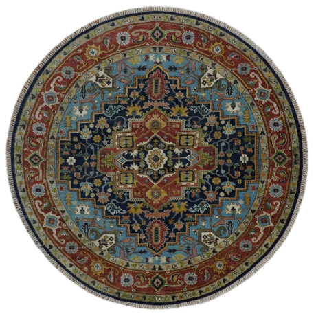 Custom Made Traditional Blue and Rust Hand Knotted Wool Area Rug
