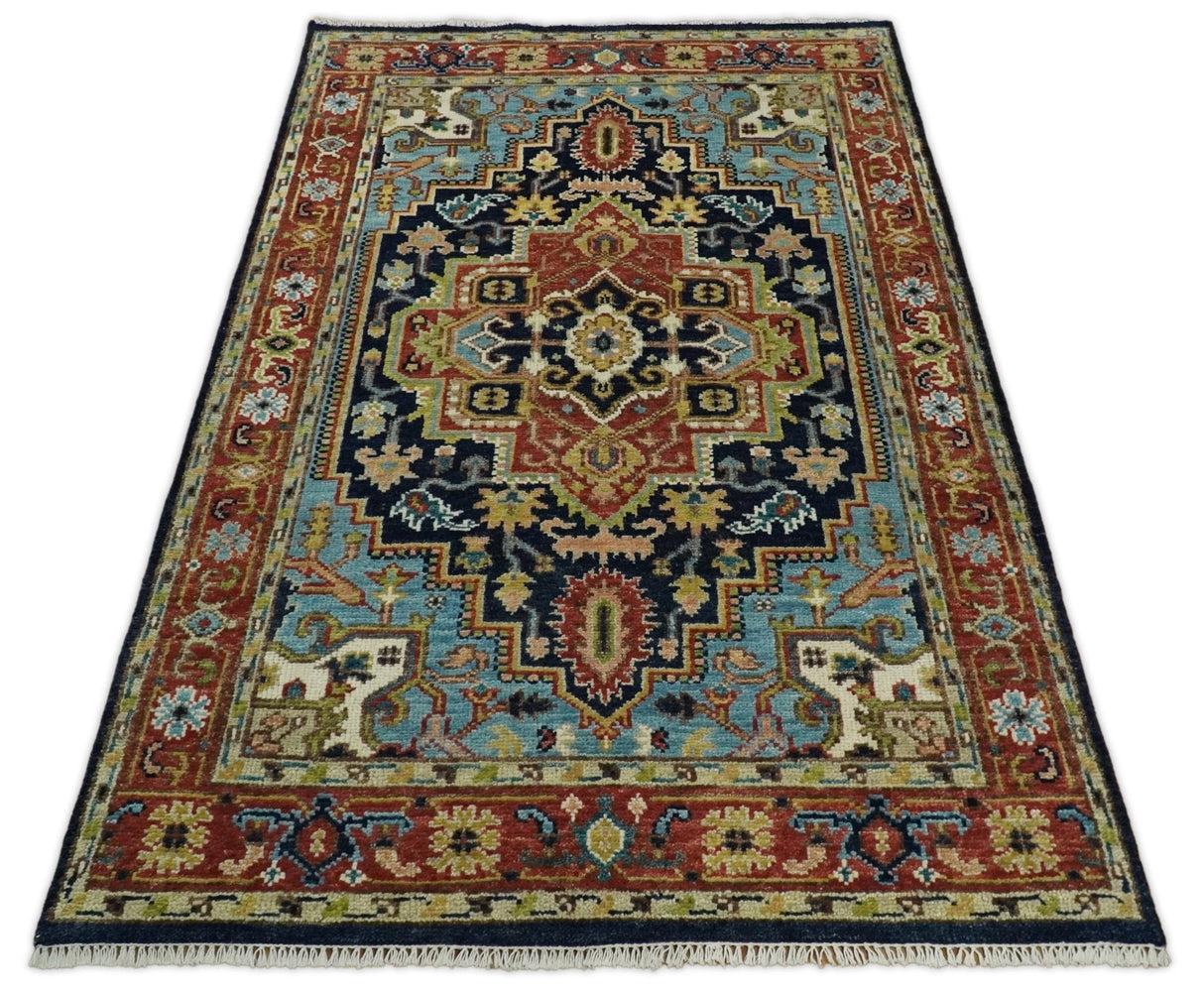 Custom Made Traditional Blue and Rust Hand Knotted Wool Area Rug
