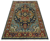 Custom Made Traditional Blue and Rust Hand Knotted Wool Area Rug