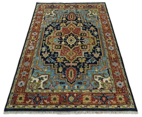 Custom Made Traditional Blue and Rust Hand Knotted Wool Area Rug