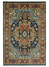 Custom Made Traditional Blue and Rust Hand Knotted Wool Area Rug