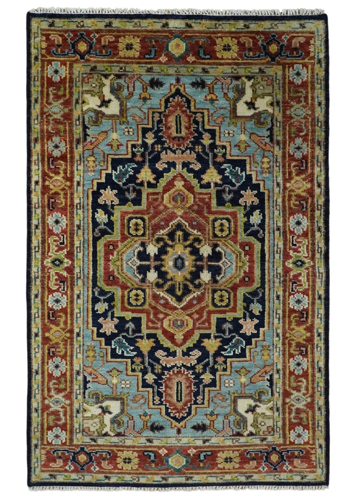 Custom Made Traditional Blue and Rust Hand Knotted Wool Area Rug