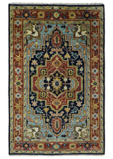 Custom Made Traditional Blue and Rust Hand Knotted Wool Area Rug