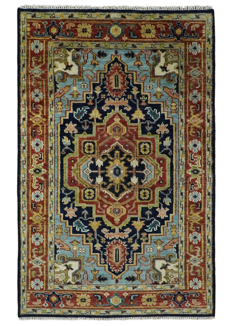 Custom Made Traditional Blue and Rust Hand Knotted Wool Area Rug
