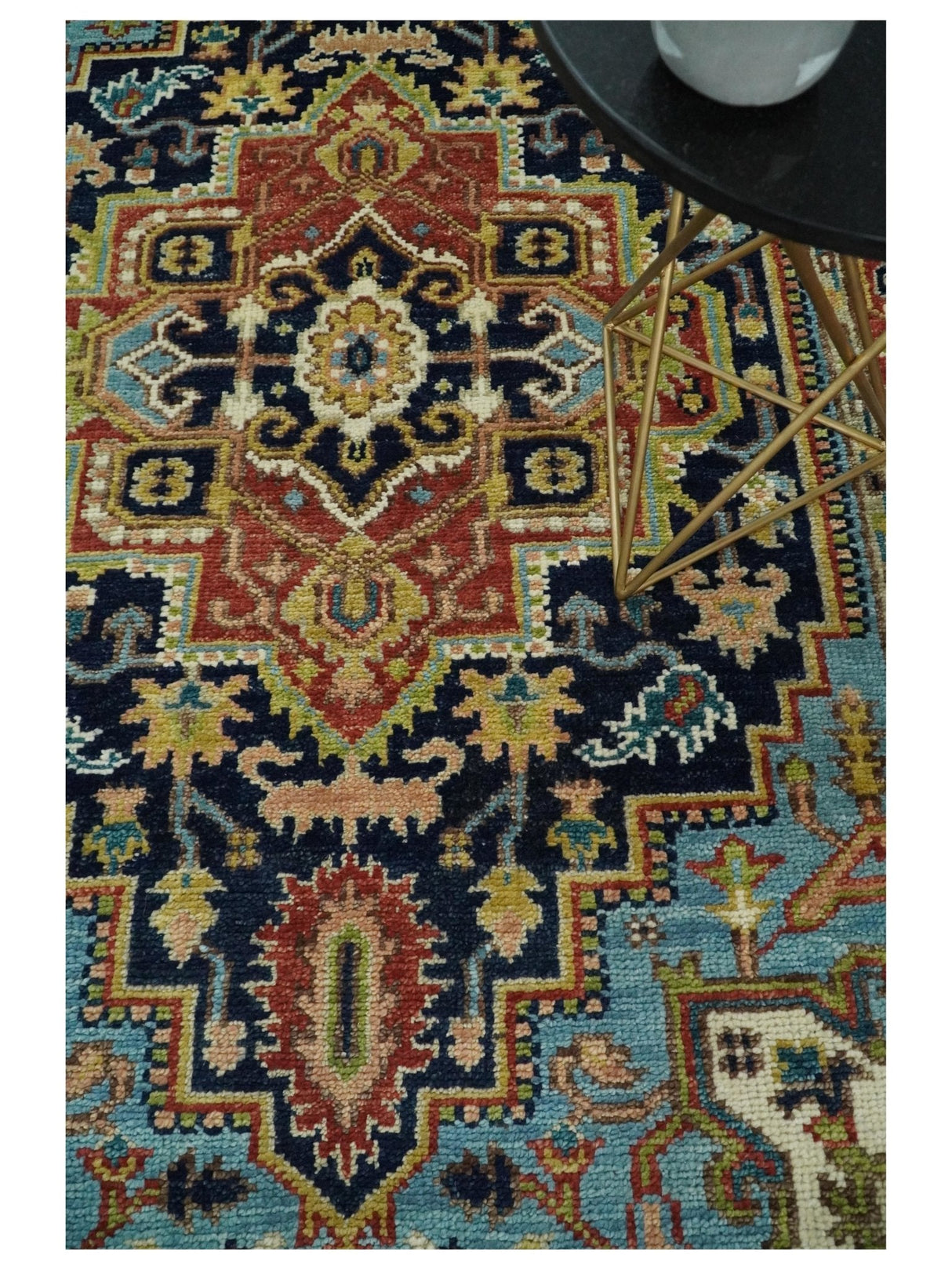 Custom Made Traditional Blue and Rust Hand Knotted Wool Area Rug