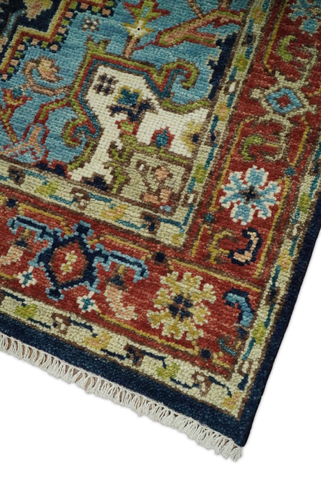 Custom Made Traditional Blue and Rust Hand Knotted Wool Area Rug