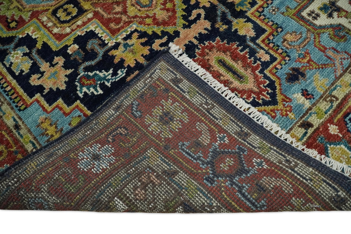 Custom Made Traditional Blue and Rust Hand Knotted Wool Area Rug