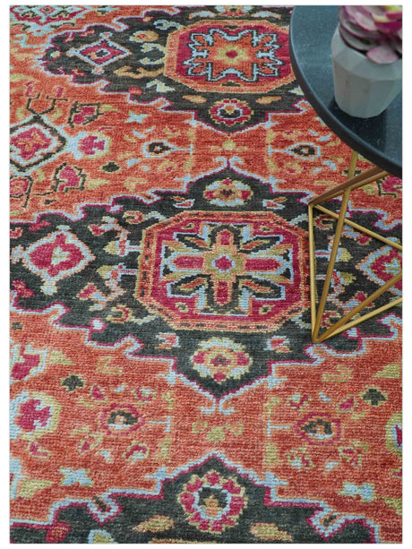 Custom Made Traditional Central Medallions Design Rust And Black Hand Knotted Wool Rug