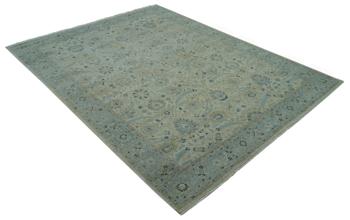 Custom Made Traditional Distressed Blue And Beige Hand Knotted wool area rug