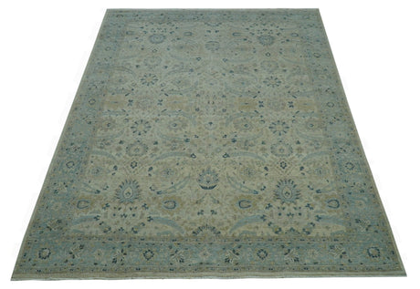 Custom Made Traditional Distressed Blue And Beige Hand Knotted wool area rug