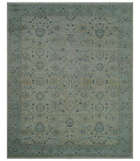 Custom Made Traditional Distressed Blue And Beige Hand Knotted wool area rug