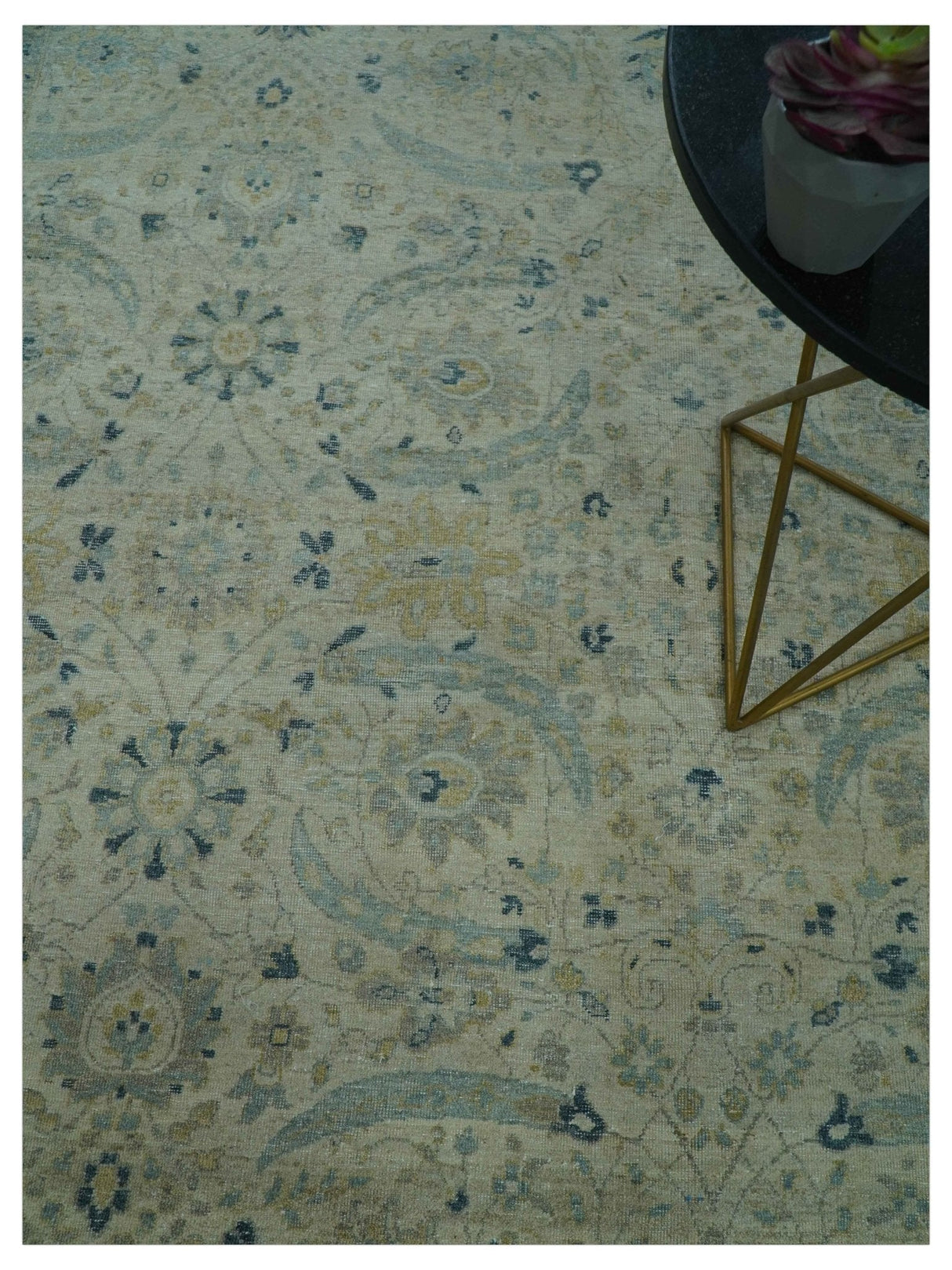 Custom Made Traditional Distressed Blue And Beige Hand Knotted wool area rug