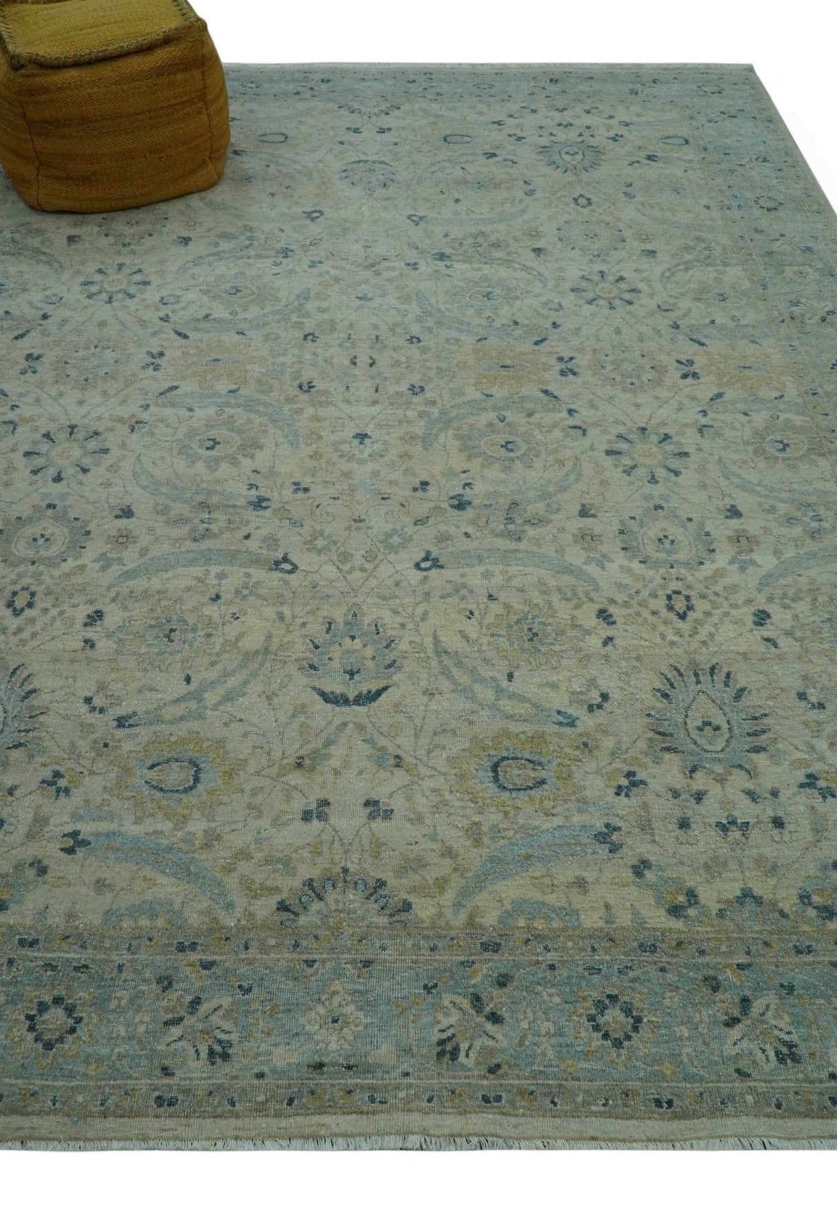 Custom Made Traditional Distressed Blue And Beige Hand Knotted wool area rug