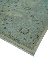 Custom Made Traditional Distressed Blue And Beige Hand Knotted wool area rug