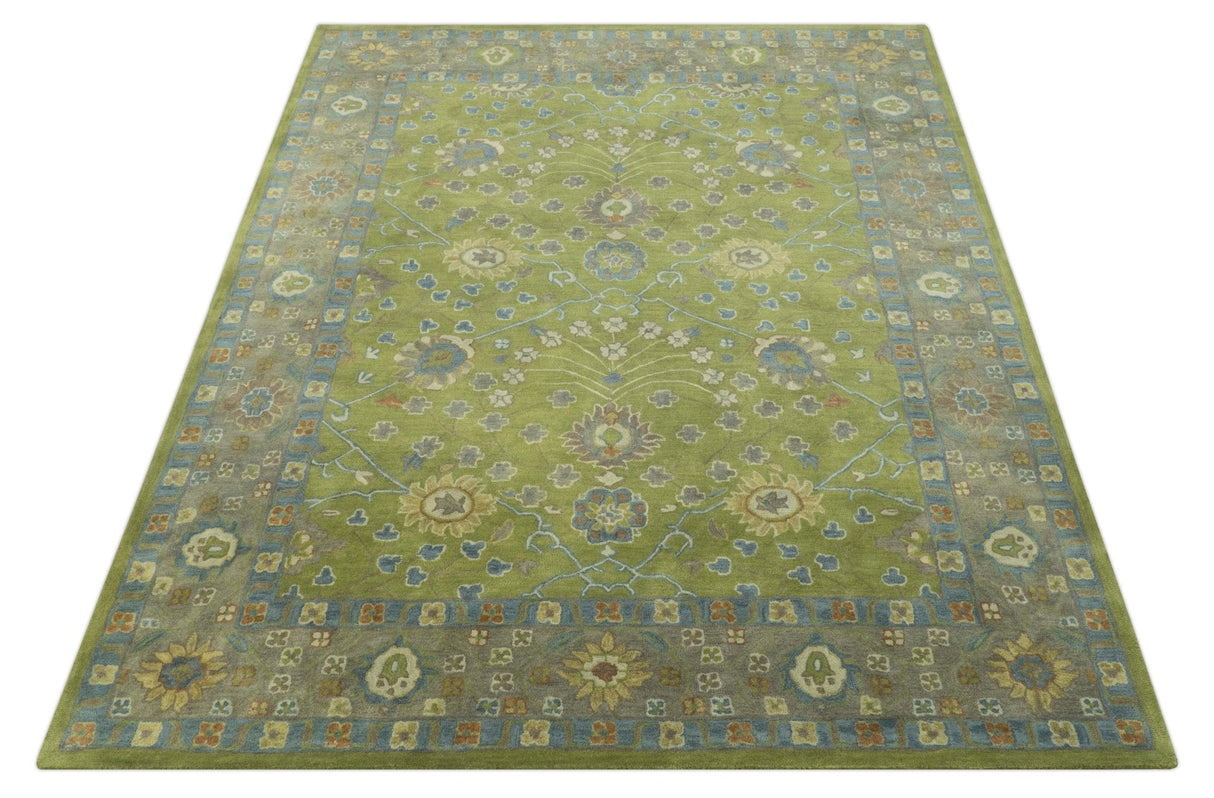 Custom Made Traditional Floral Design Green And Blue Hand Tufted wool Area Rug