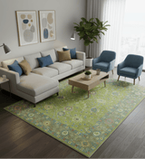 Custom Made Traditional Floral Design Green And Blue Hand Tufted wool Area Rug