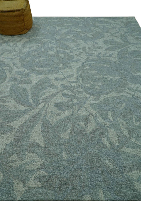 Custom Made Traditional Floral Design Silver And Blue Hand Tufted Wool Area Rug
