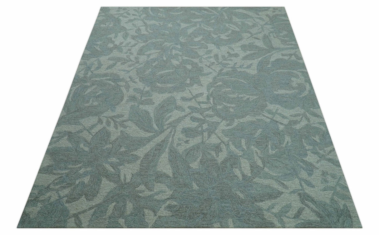 Custom Made Traditional Floral Design Silver And Blue Hand Tufted Wool Area Rug