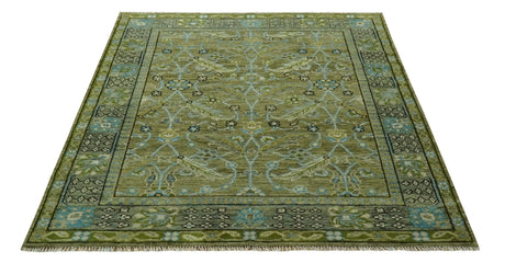 Custom Made Traditional Floral Green and Aqua Hand Knotted wool area rug