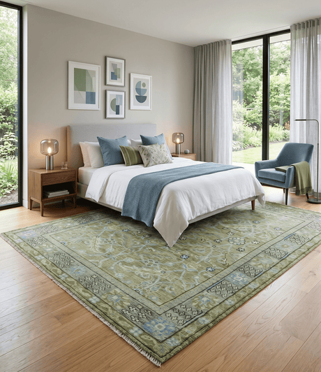 Custom Made Traditional Floral Green and Aqua Hand Knotted wool area rug