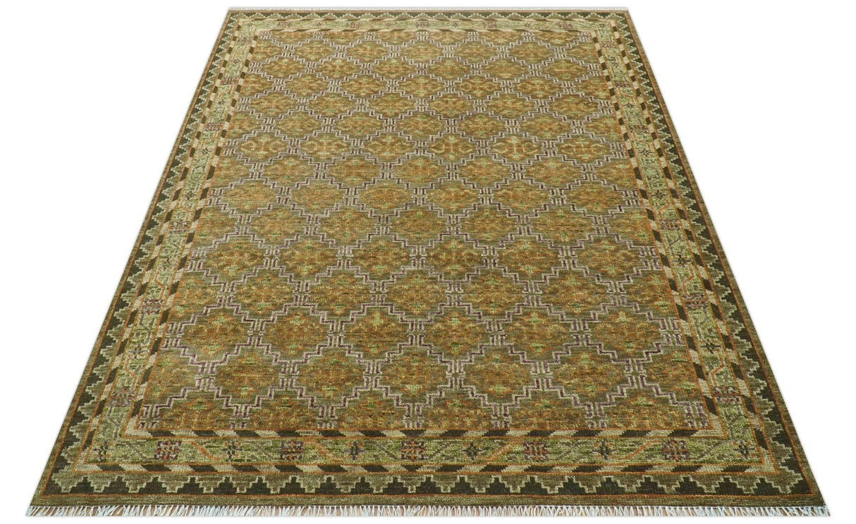 Custom Made Traditional Geometrical Motifs Olive and Rust Hand Knotted wool area rug