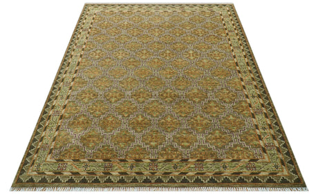 Custom Made Traditional Geometrical Motifs Olive and Rust Hand Knotted wool area rug