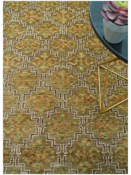 Custom Made Traditional Geometrical Motifs Olive and Rust Hand Knotted wool area rug