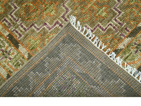 Custom Made Traditional Geometrical Motifs Olive and Rust Hand Knotted wool area rug