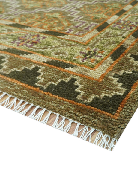 Custom Made Traditional Geometrical Motifs Olive and Rust Hand Knotted wool area rug