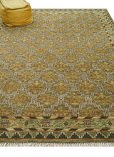 Custom Made Traditional Geometrical Motifs Olive and Rust Hand Knotted wool area rug