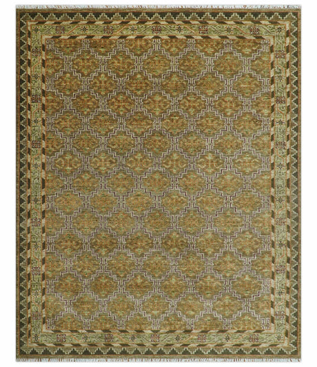 Custom Made Traditional Geometrical Motifs Olive and Rust Hand Knotted wool area rug