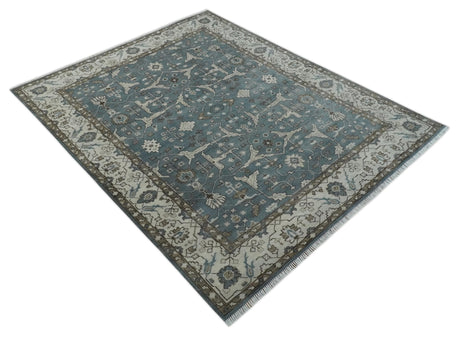 Custom Made Traditional Hand Knotted Blue, Ivory and Brown Oriental Oushak wool Area Rug