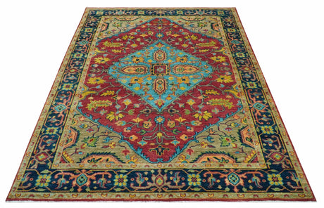 Custom Made Traditional Heriz Design Maroon And Olive Hand Knotted Wool Rug
