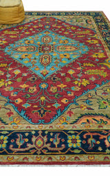 Custom Made Traditional Heriz Design Maroon And Olive Hand Knotted Wool Rug