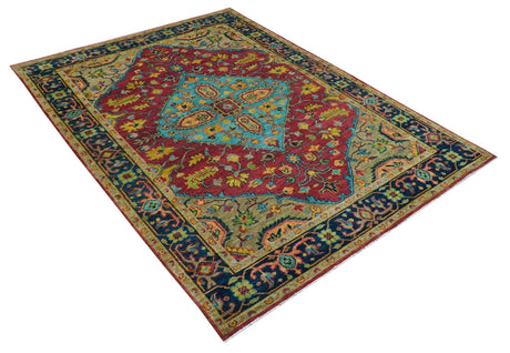 Custom Made Traditional Heriz Design Maroon And Olive Hand Knotted Wool Rug