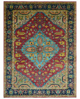 Custom Made Traditional Heriz Design Maroon And Olive Hand Knotted Wool Rug