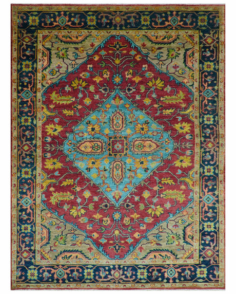 Custom Made Traditional Heriz Design Maroon And Olive Hand Knotted Wool Rug