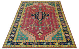 Custom Made Traditional Heriz Design Red And Green Hand Knotted Wool Rug