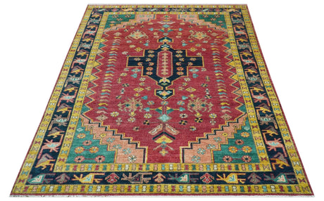 Custom Made Traditional Heriz Design Red And Green Hand Knotted Wool Rug