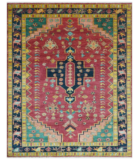 Custom Made Traditional Heriz Design Red And Green Hand Knotted Wool Rug